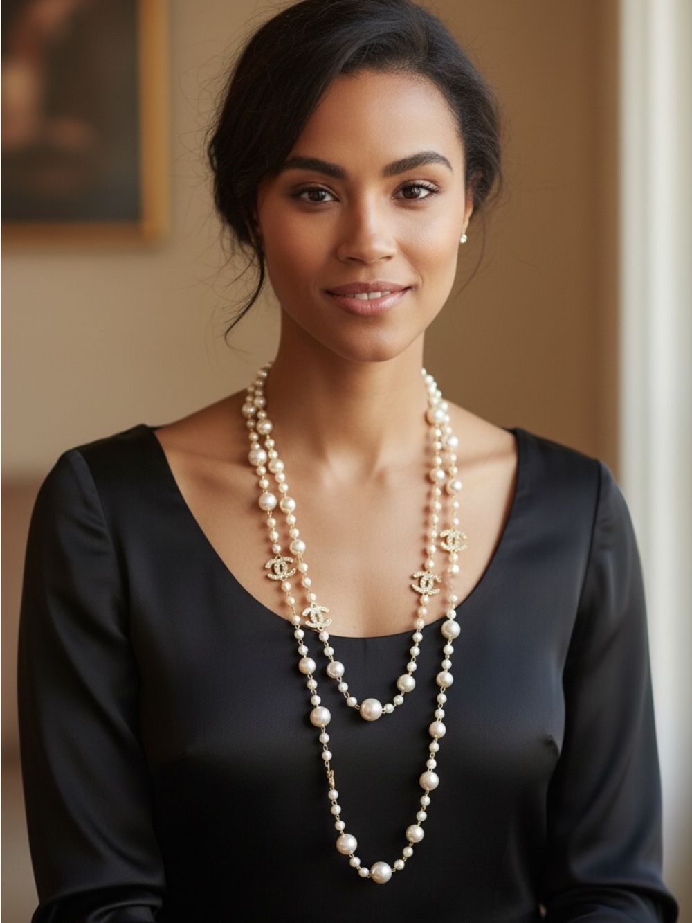 Designer Long Double-Strand Faux Pearls Necklace with Gold crystals CC Logos